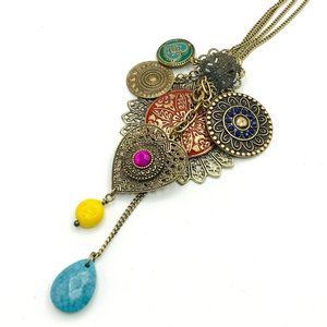 Vintage necklace gold tone antique style charms multi colored 30" length